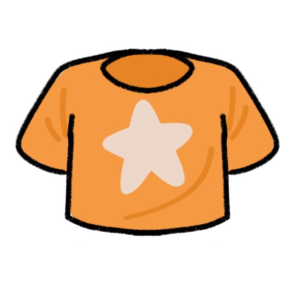  a boxy orange shirt made into a crop top. It has a star on the front.